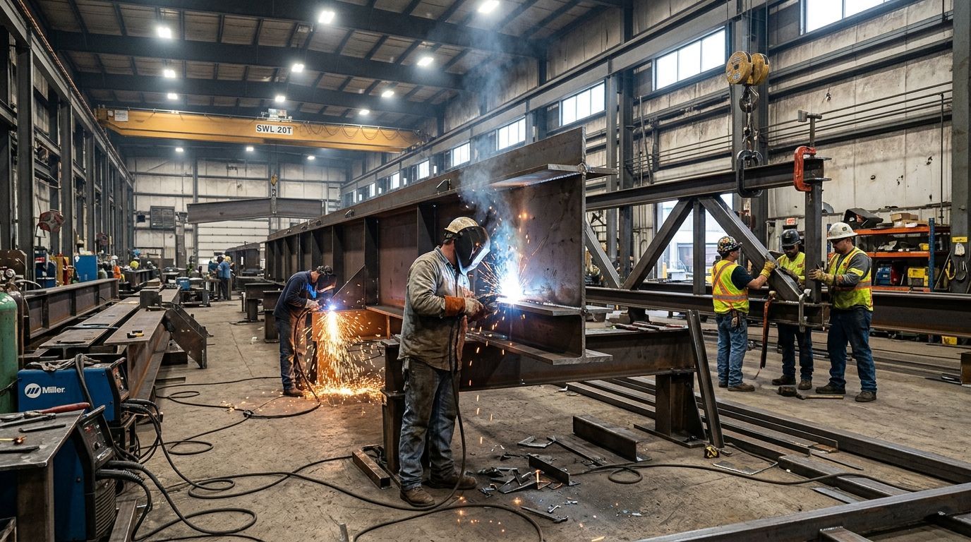 Workers welding steel beams in a factory workshop, with sparks flying and equipment nearby