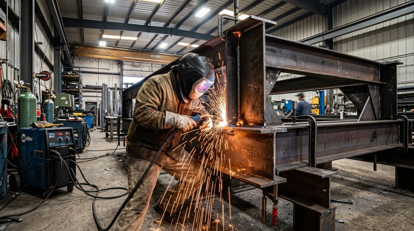 Welder sparks flying in an industrial workshop beside large metal beams