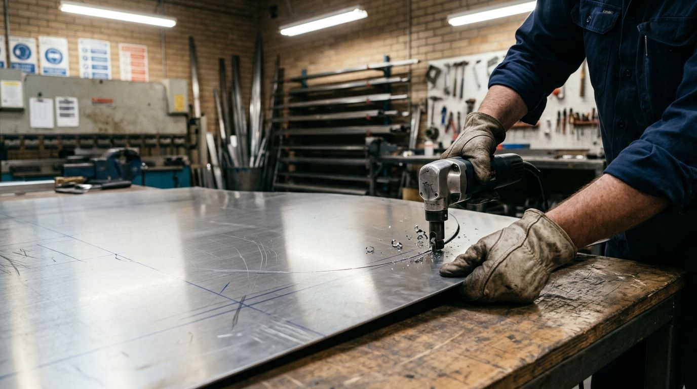 Worker using a metal shear on a large sheet in a workshop, with shelves of tools in the background