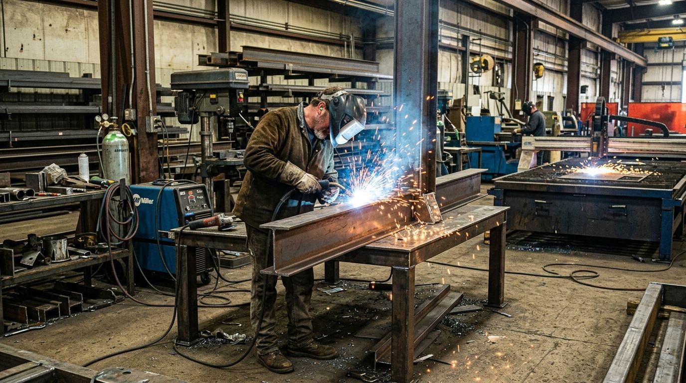 Worker welding a metal beam in an industrial workshop, sparks flying around the workbench.