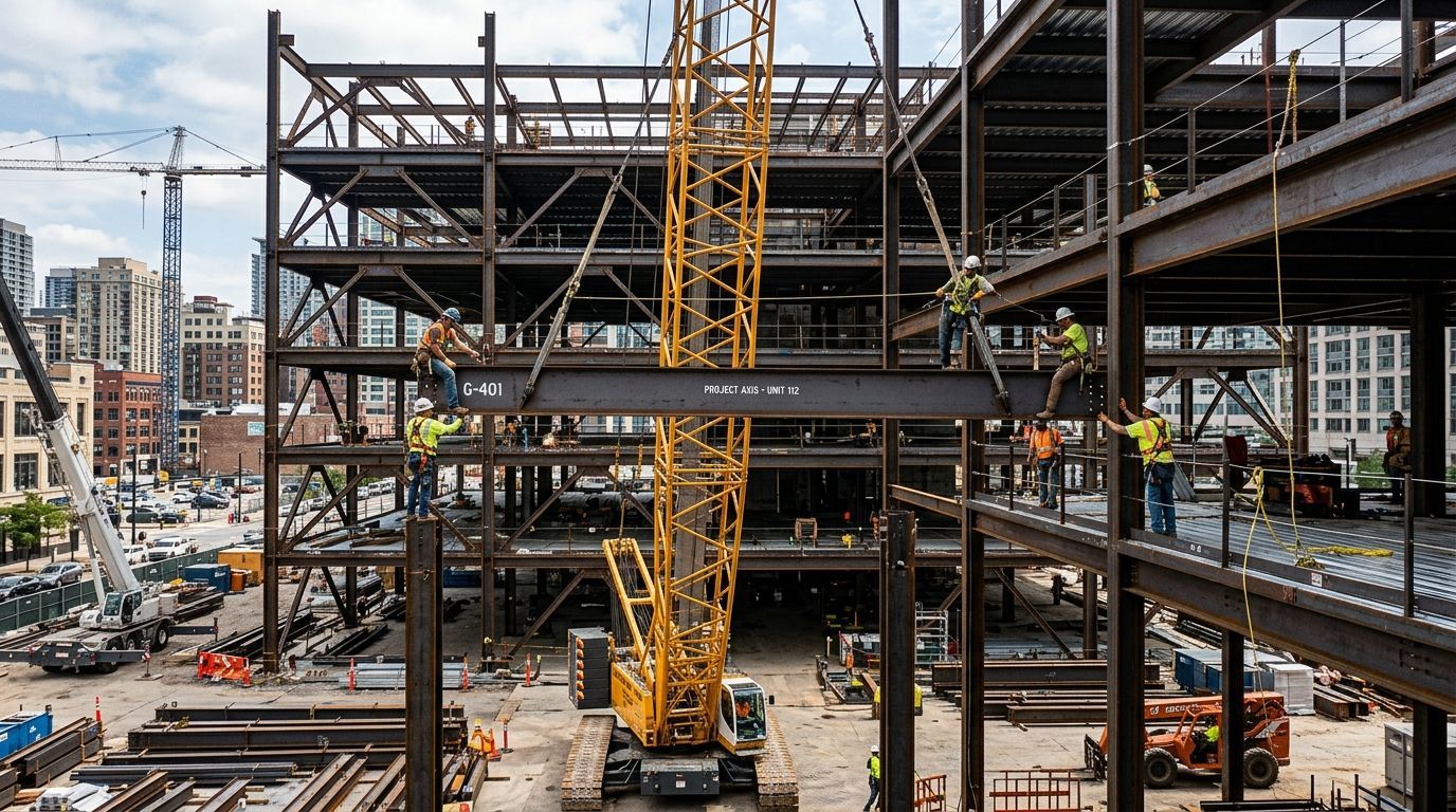 Steel-frame building under construction with a yellow crane in the center.