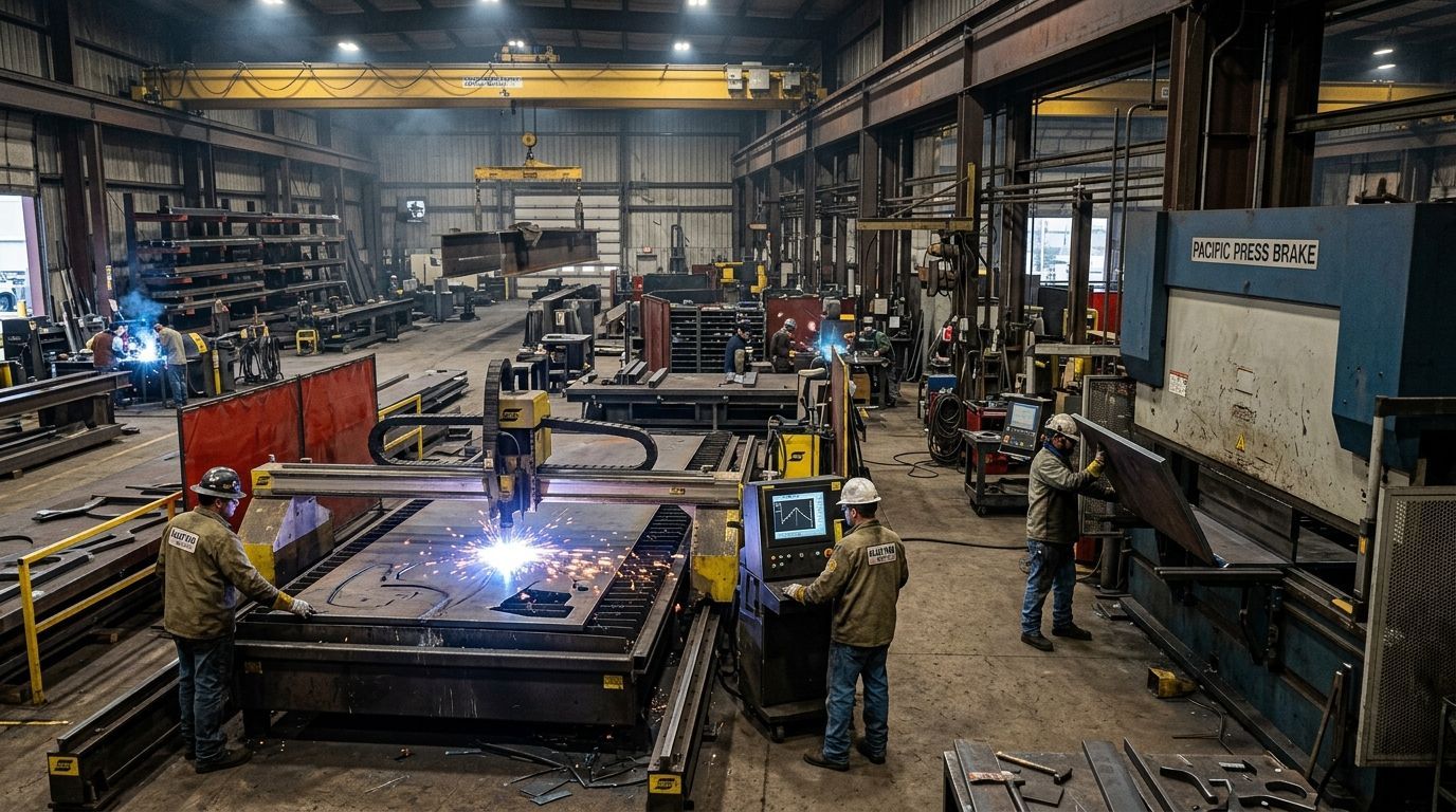 Workers welding large metal parts in a busy industrial workshop with sparks flying