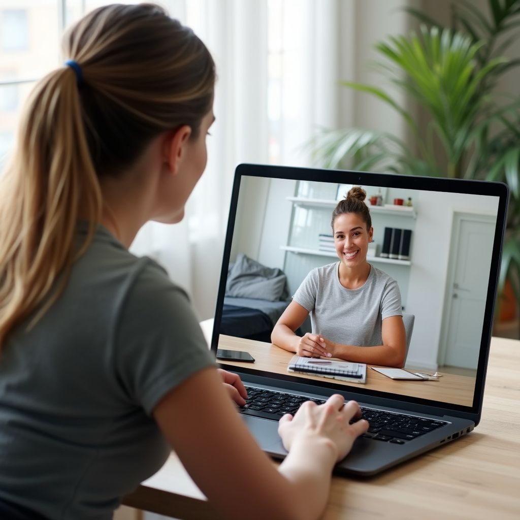 Woman on laptop video call with another woman, both smiling and taking notes.