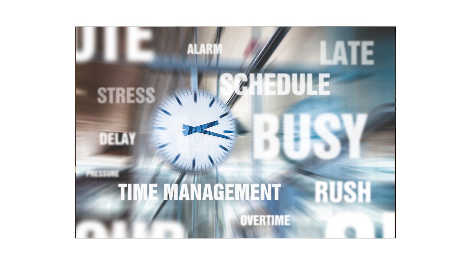 Clock with blurred background featuring time-related words like 