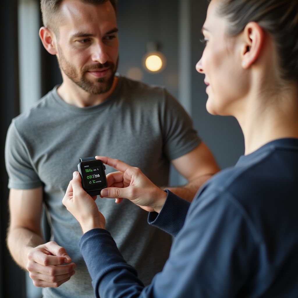 Woman showing a fitness tracker to a man indoors. Both are focused on the device; man smiles.