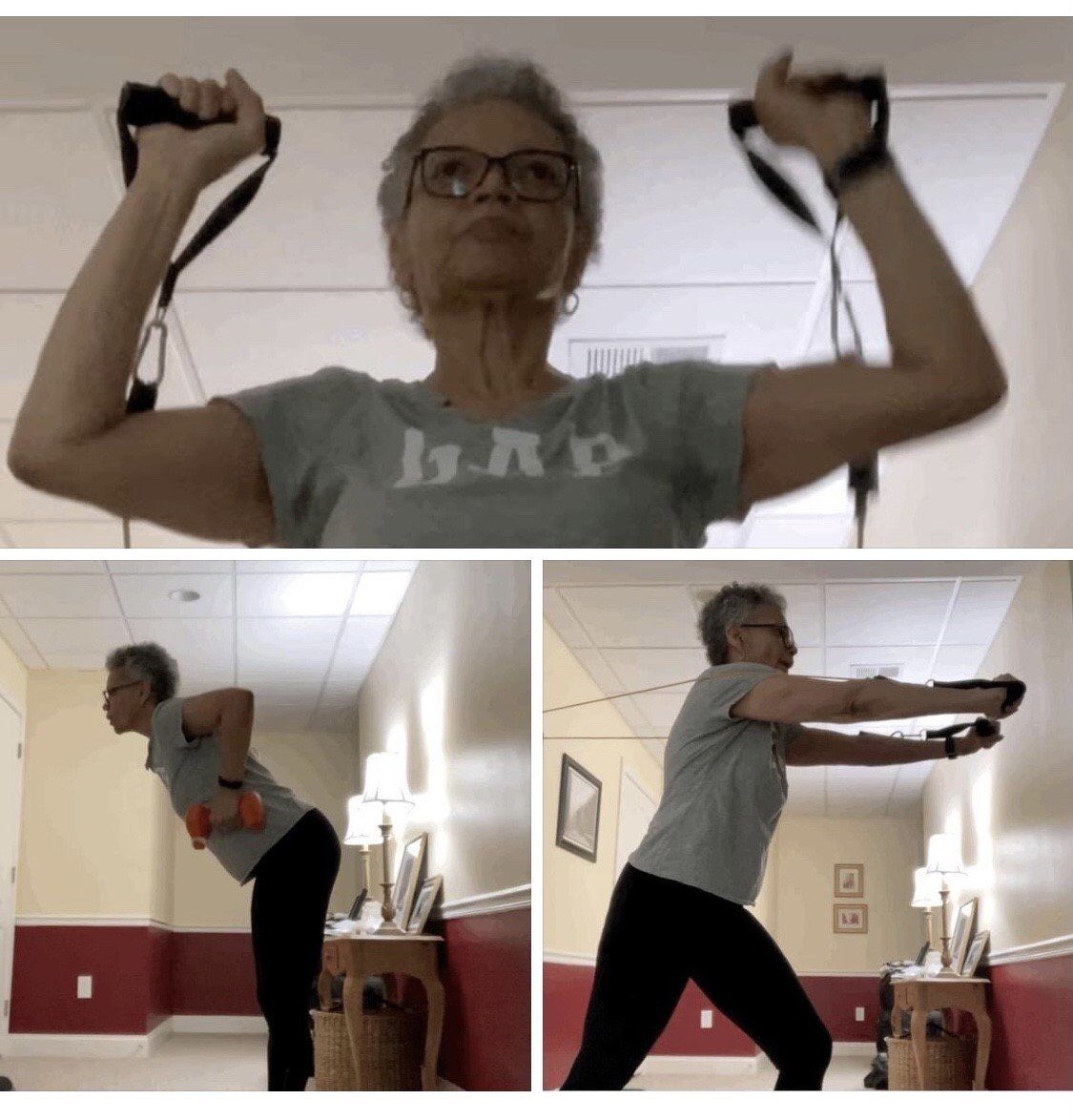 Woman exercising with resistance bands and weights in a home setting.