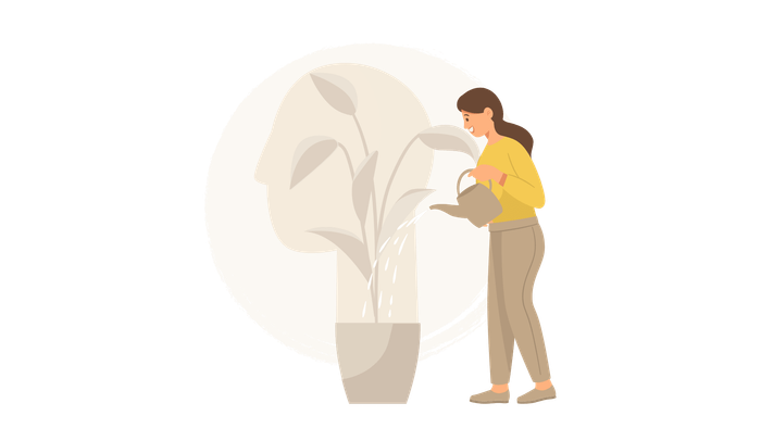 Woman watering plant in vase. Beige and yellow color scheme, neutral background.