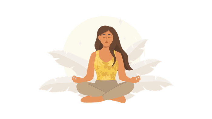 Woman meditating in lotus position with hands on knees; neutral background.