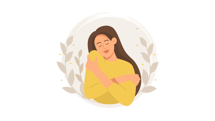 Woman in yellow hugging herself, eyes closed, smiling, surrounded by a beige circle and leaves.