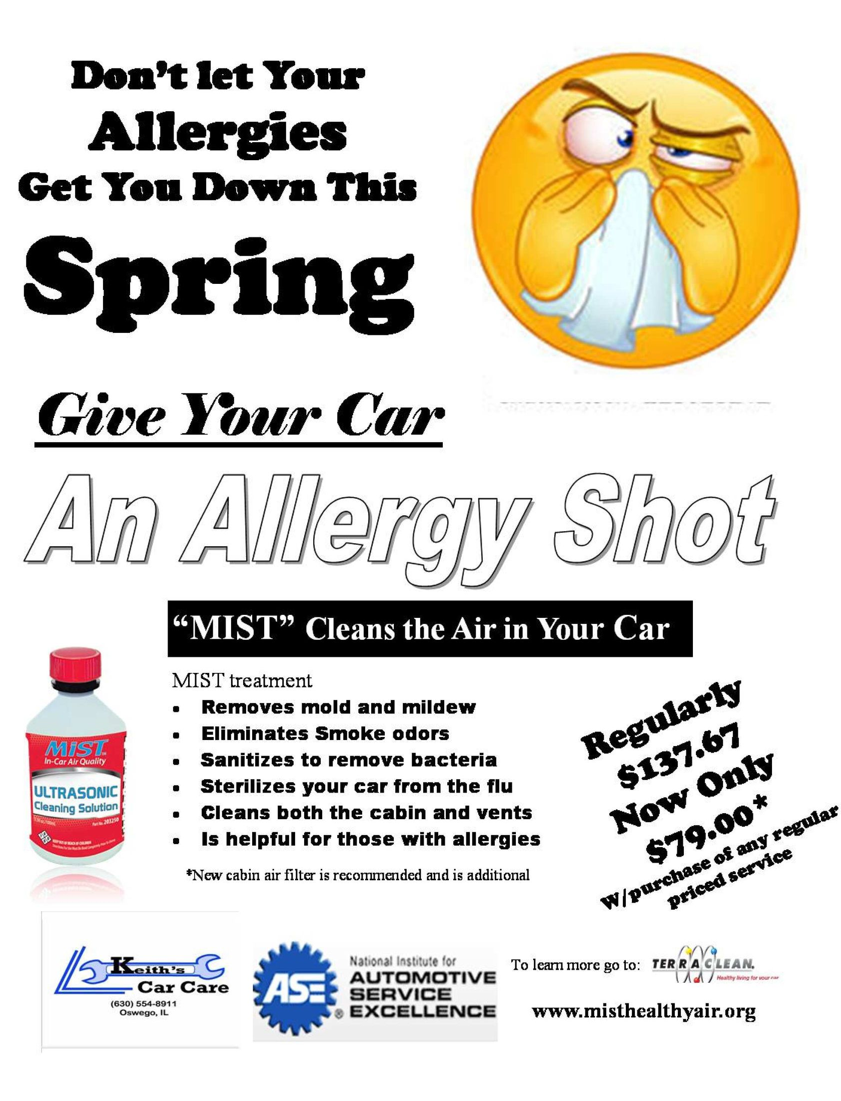 Spring allergy promo for an allergy shot car cleanup, with an unhappy face sneezing into a tissue.