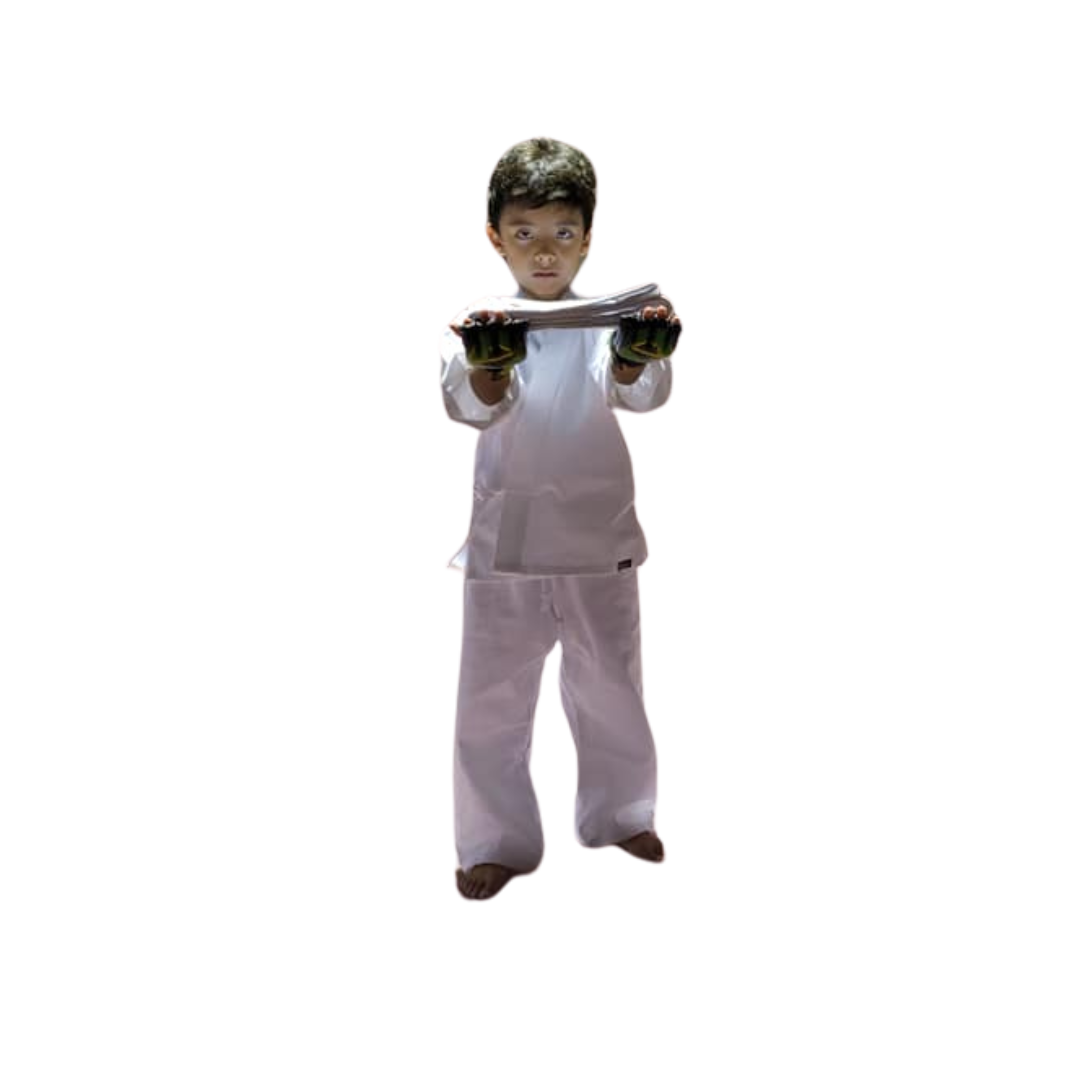 A boy and a girl are practicing karate together.