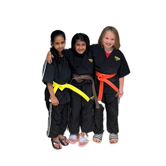 a group of children are practicing martial arts together .