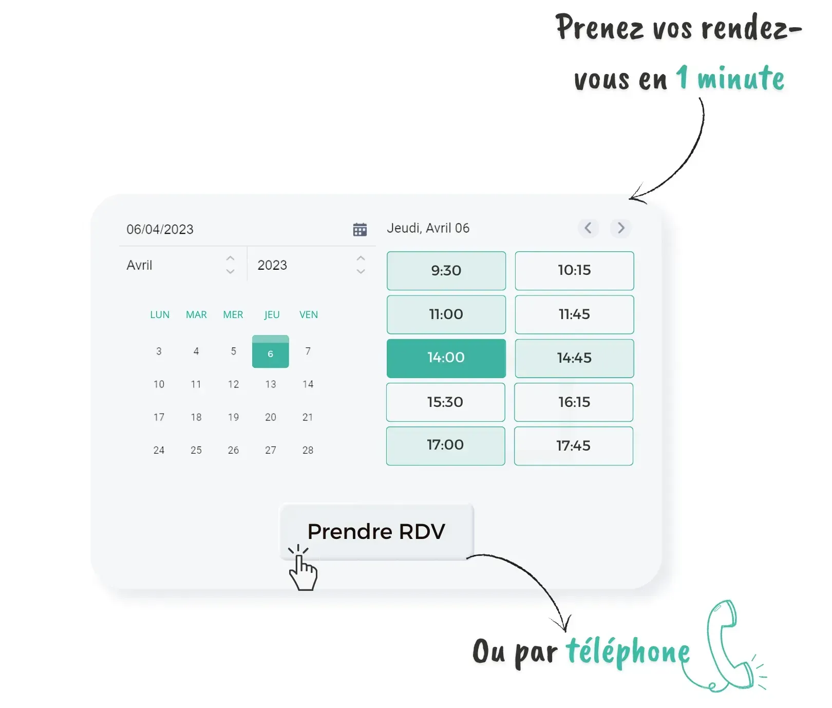 prise de rdv en ligne ou par téléphone