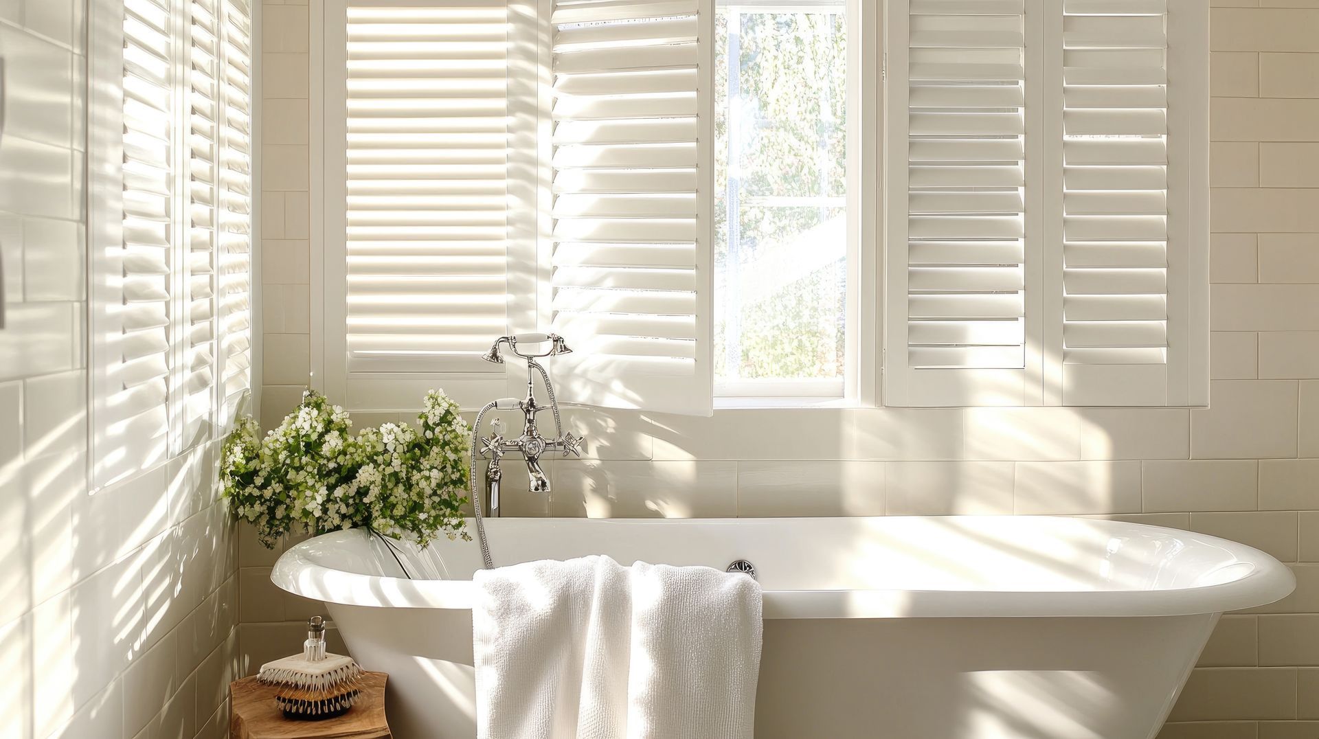 A bright bathroom with a freestanding tub and sunlight streaming through plantation shutters.