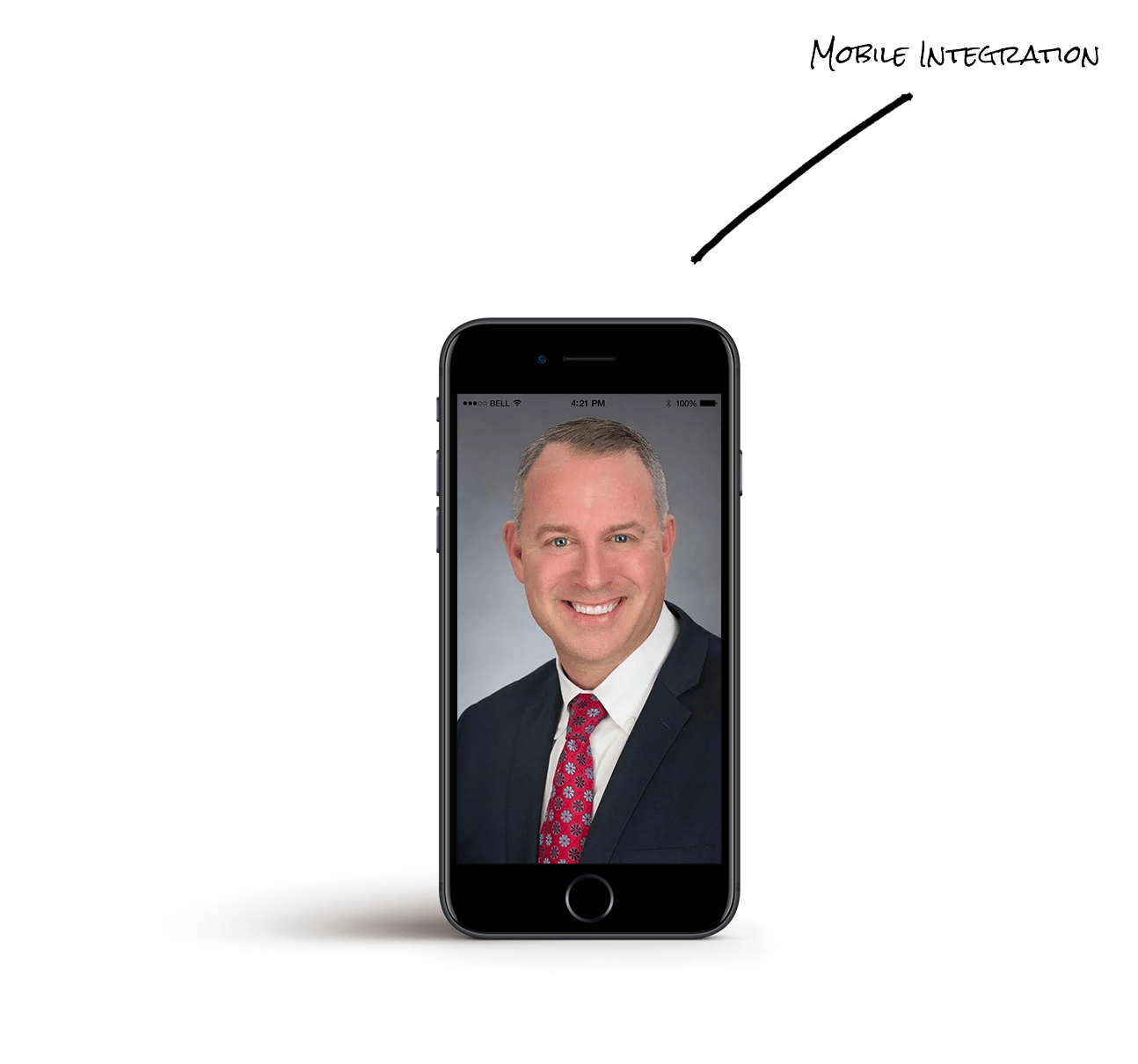 A cell phone with a picture of a man in a suit and tie on the screen.