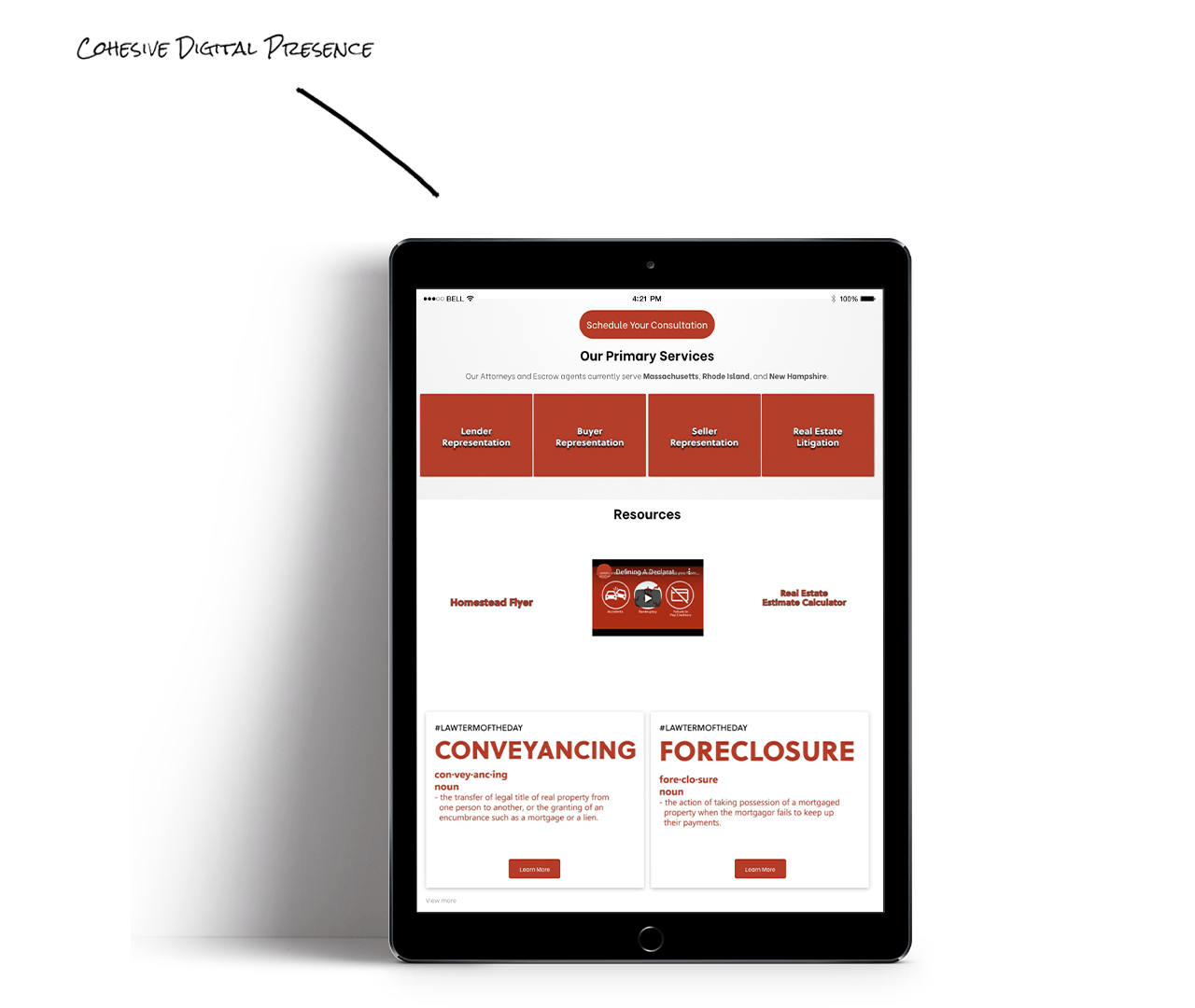 A tablet is open to a page that says conveyancing foreclosure