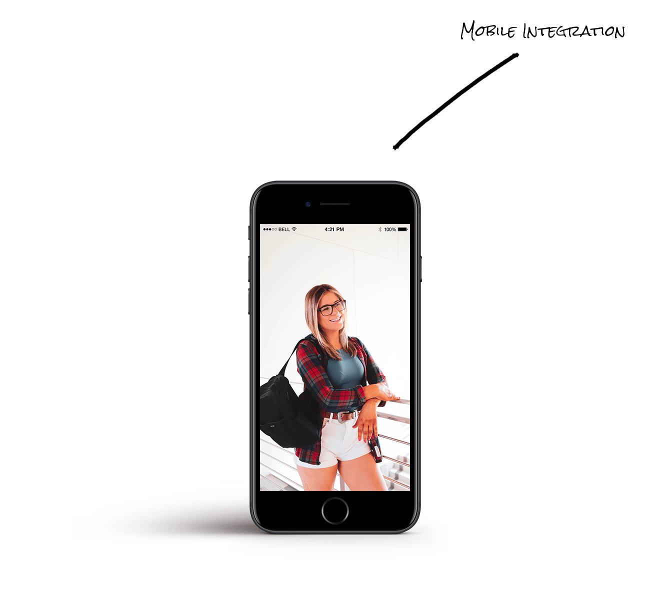 A cell phone with a picture of a woman on the screen.