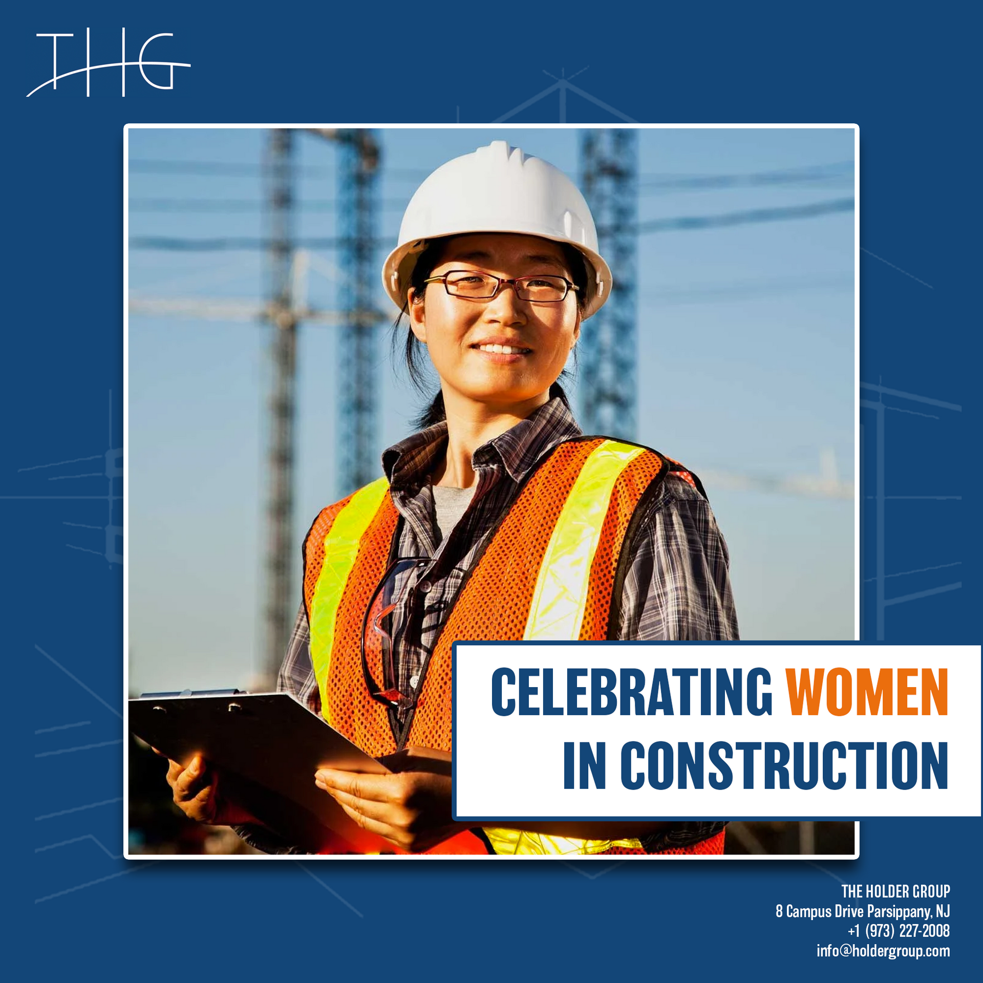 A woman wearing a hard hat and safety vest is holding a clipboard.
