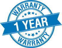 A 1 year warranty stamp with a blue ribbon