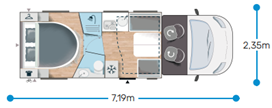 Indeling van Chausson TI Titanium VIP camper met slaap- en woongedeelte.
