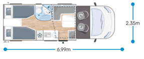 Plattegrond en indeling van de Chausson TI Titanium Ultimate camper met lengte en voorzieningen