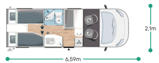 Indeling van Chausson TI S697 GA camper met slaap- en woongedeelte.