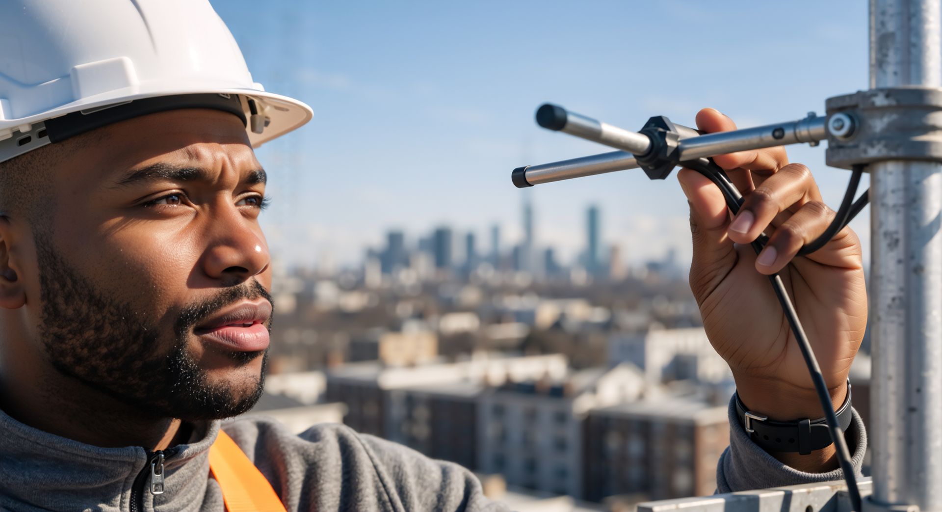 Construction worker in hard hat inspecting equipment, cityscape in background. Construction worker in hard hat inspecting equipment, cityscape in background.