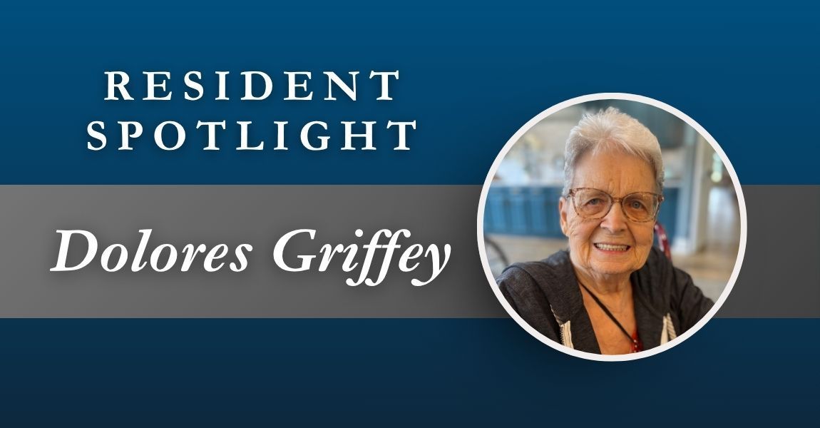 Resident spotlight banner for Dolores Griffey with her portrait on a blue gradient background