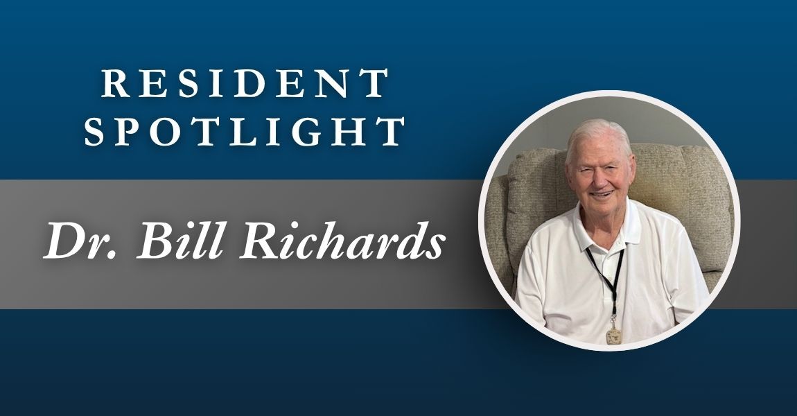 Resident Spotlight banner with Dr. Bill Richards on a blue background and circular portrait.