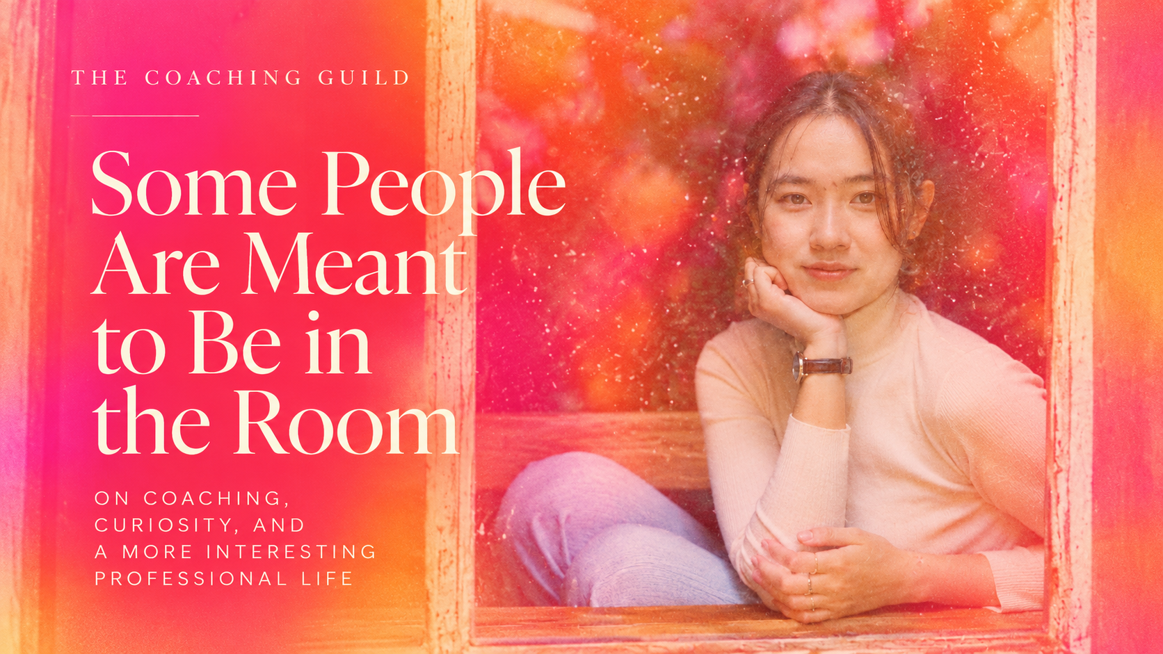 Woman sitting thoughtfully by a window, surrounded by warm pink and orange tones, with the title “So