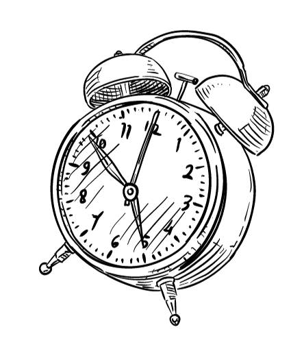 Alarm clock, black and white sketch, shows time at 12:05.