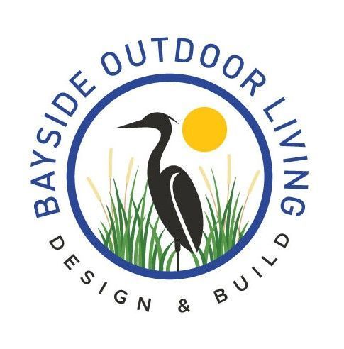 Logo for Bayside Outdoor Living. Dark blue circle with a crane, sun, and grass. Text: Bayside Outdoor Living, Design & Build.