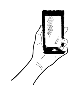 Hand holding a smartphone. Black phone with screen scribbles.