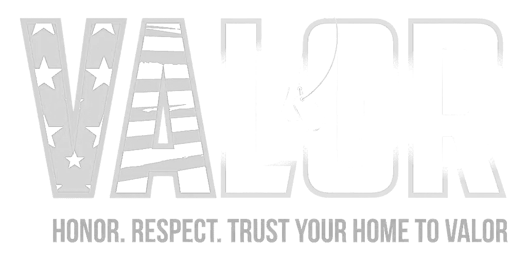 Logo with the word "VALOR" in white, with a star pattern on the "V" and a brick pattern on the "A", and the tagline, "HONOR. RESPECT. TRUST YOUR HOME TO VALOR."