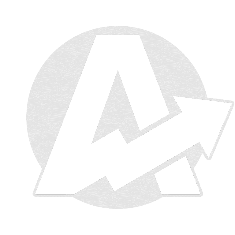 White "A" with angled arrow overlay on a light grey circle.