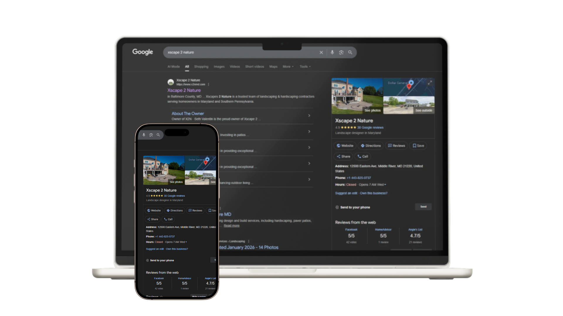 Laptop and smartphone displaying Google search results for a location, with dark mode interface.