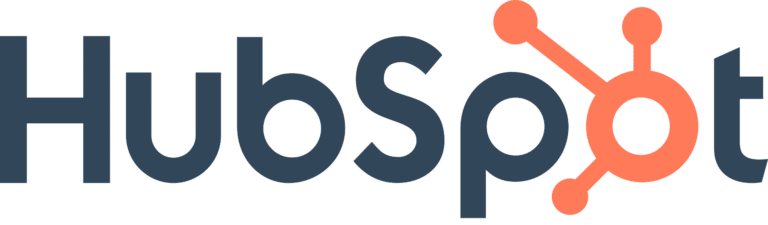 HubSpot logo: dark blue text with orange, interconnected circles.