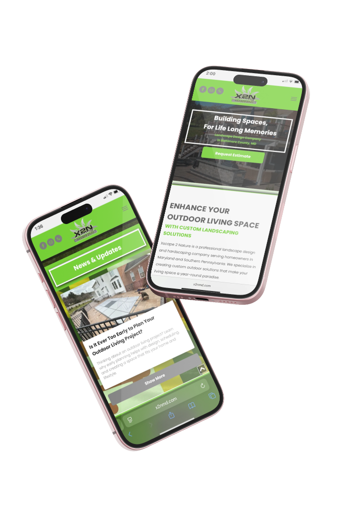Two smartphones displaying a website, featuring green and white color scheme. The website promotes outdoor living space.