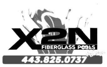 Logo for X2N Fiberglass Pools with phone number 443.825.0737, and a water splash graphic.
