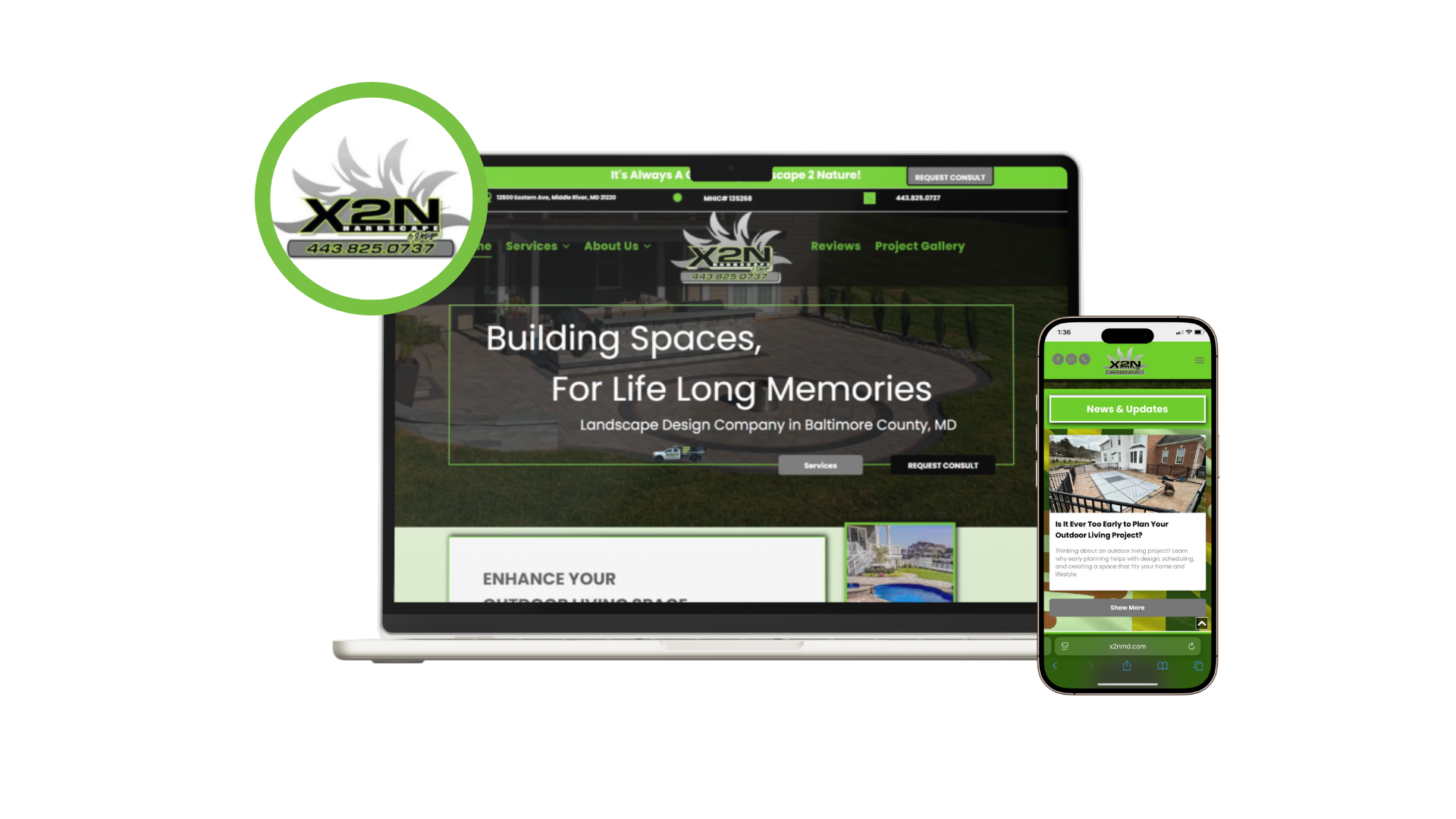 X2N Landscapes website displayed on laptop and phone screens.
