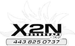 X2N Outdoor & Design logo with phone number: 443.825.0737, and a decorative background.