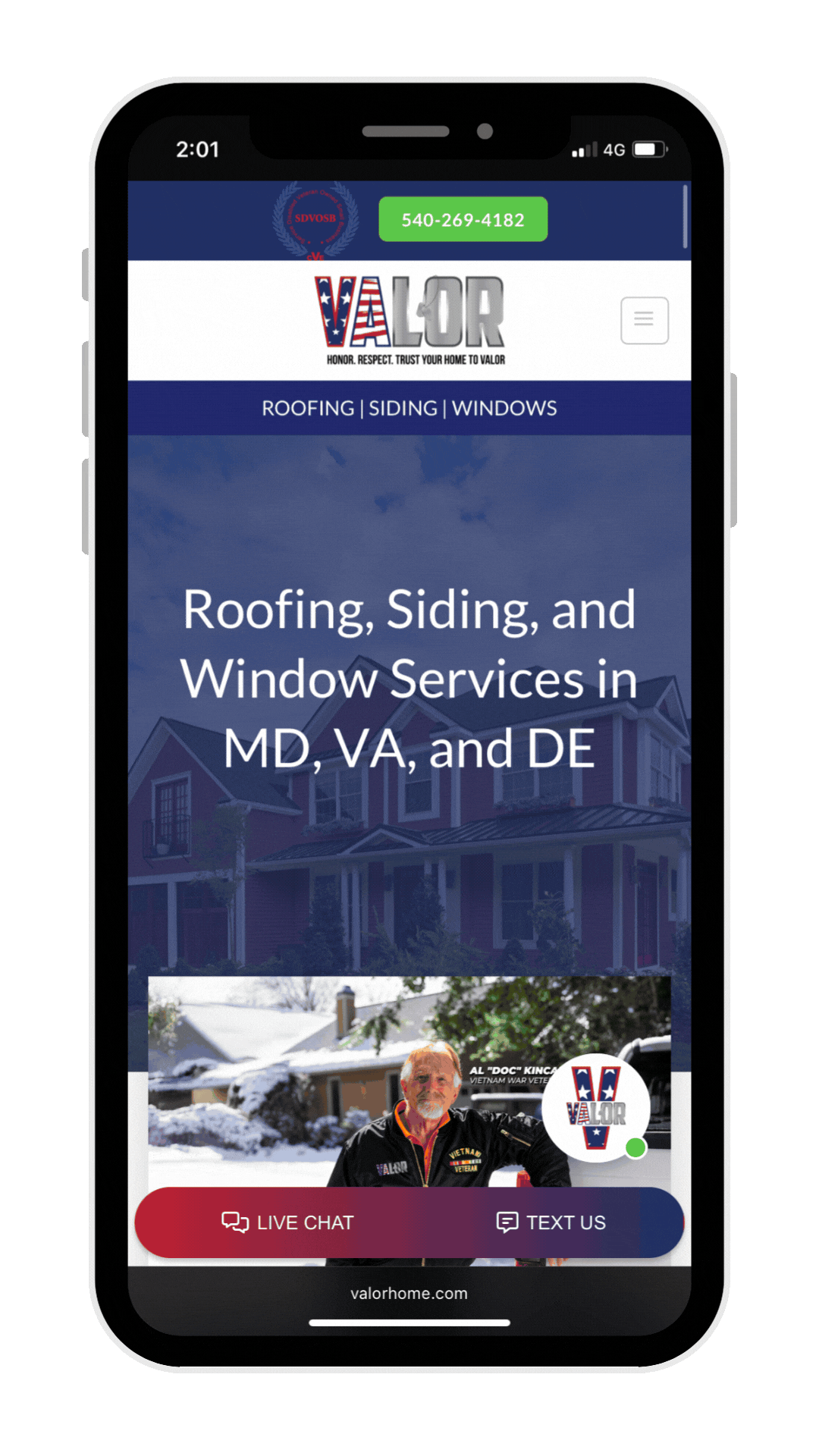 Mobile phone displaying a website for roofing, siding, and window services in MD, VA, and DE.