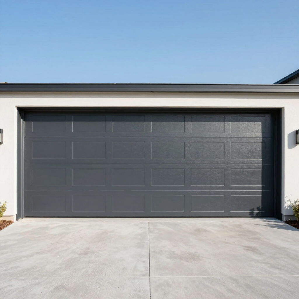 Modern gray two-car garage door on a white house with a concrete driveway and blue sky above