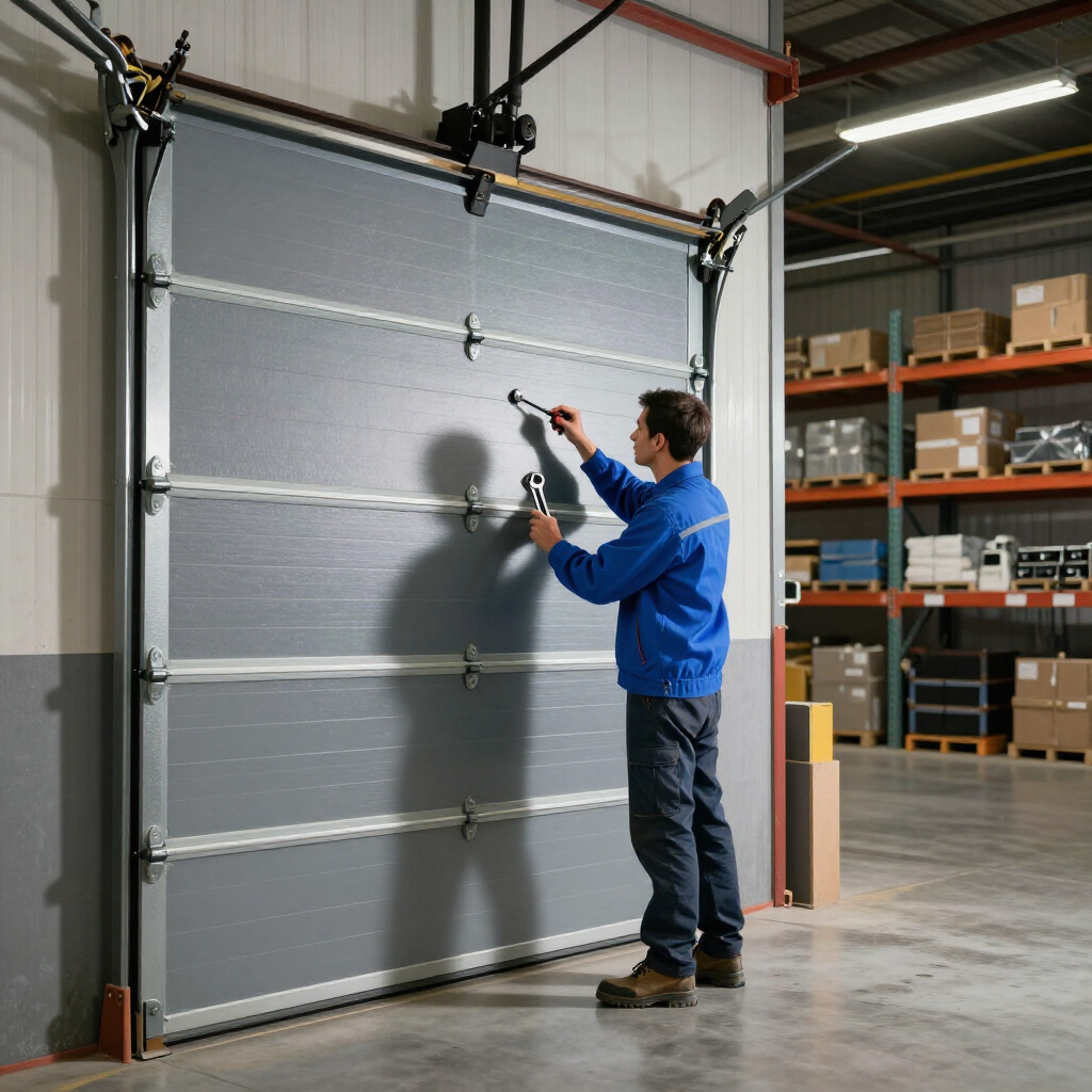 Man in blue shirt adjusting a large gray garage door in a warehouse.
