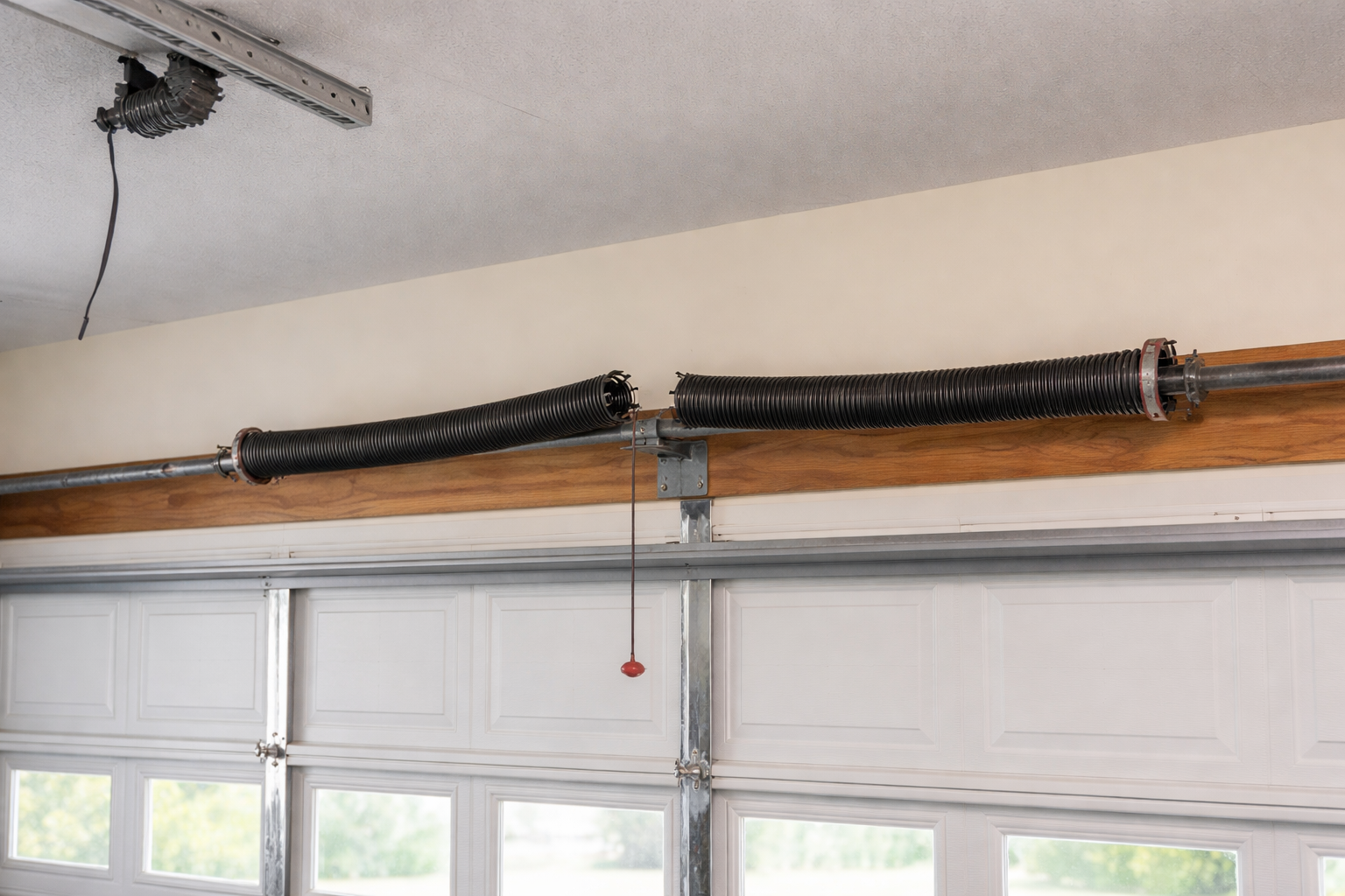 Garage door tracks with exposed black coiled cable and a hanging red pull cord near the ceiling