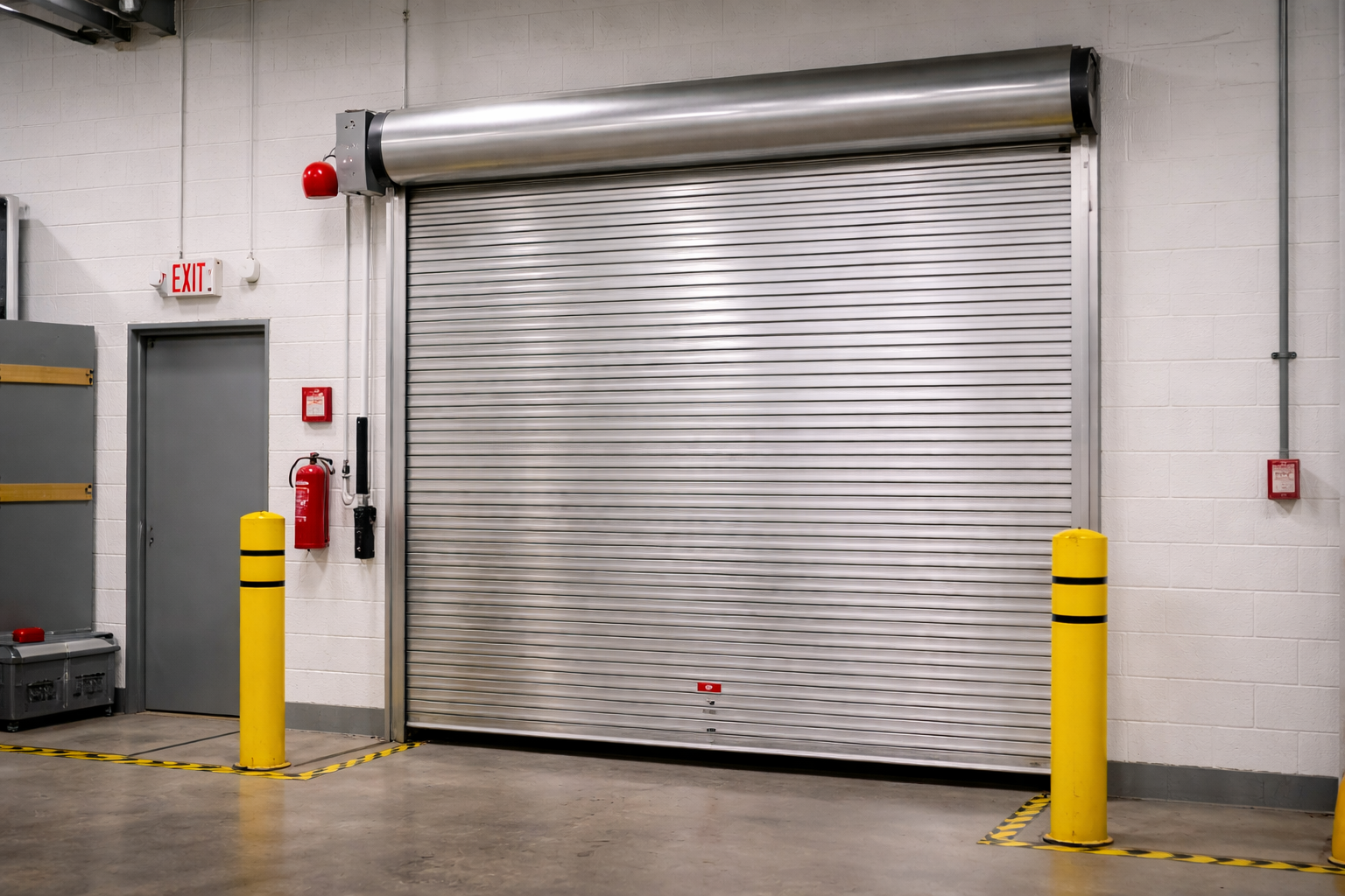 Industrial roll-up loading dock door with yellow safety bollards in a warehouse area
