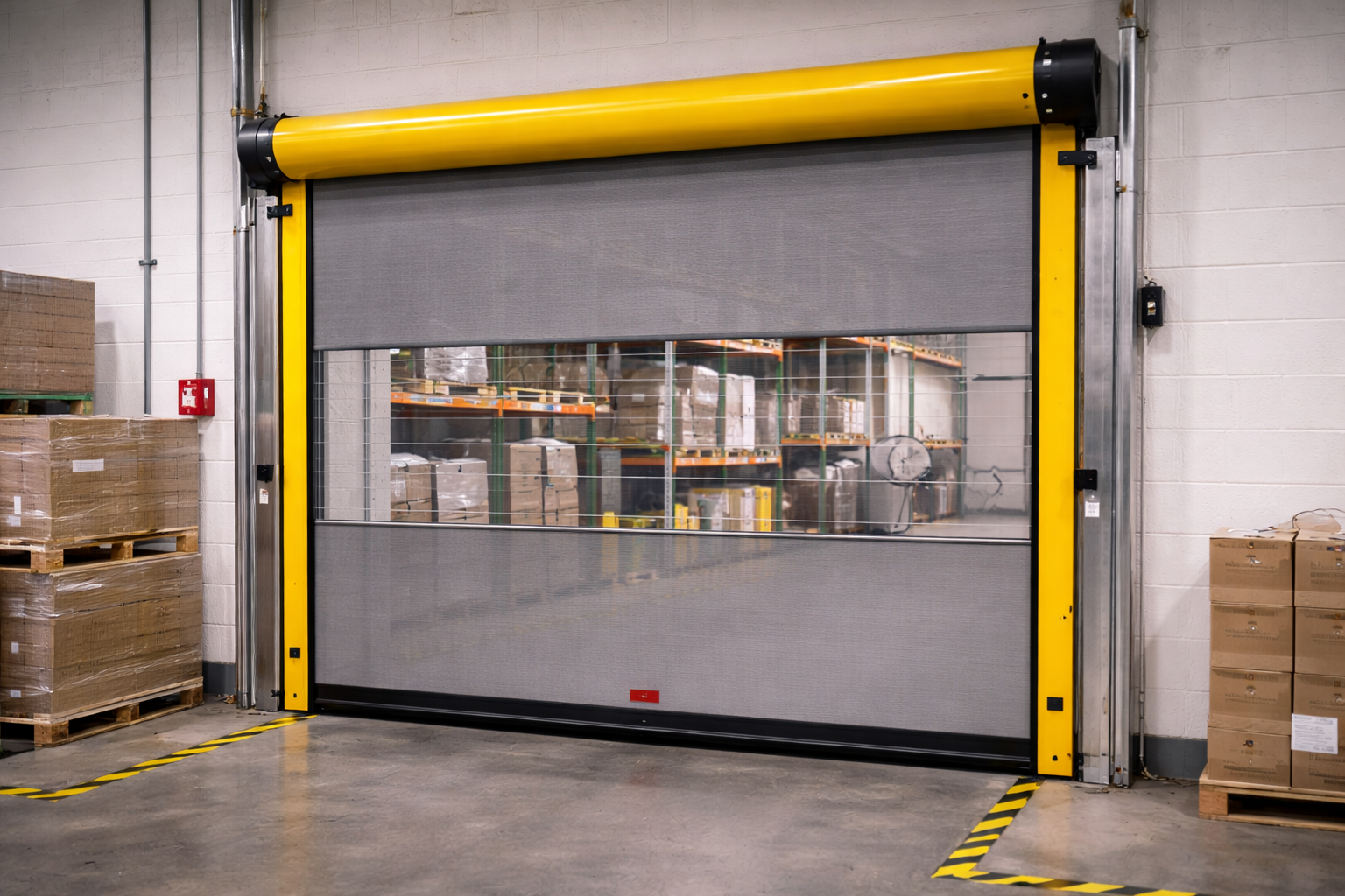 Yellow industrial roll-up door with clear lower panel in a warehouse loading area