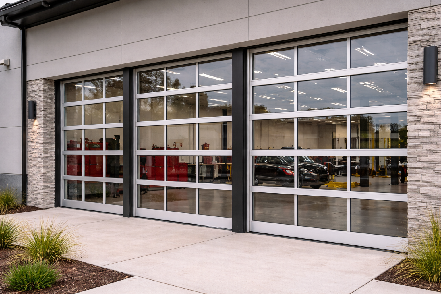 Modern building entrance with large glass garage-style doors and sidewalk outside