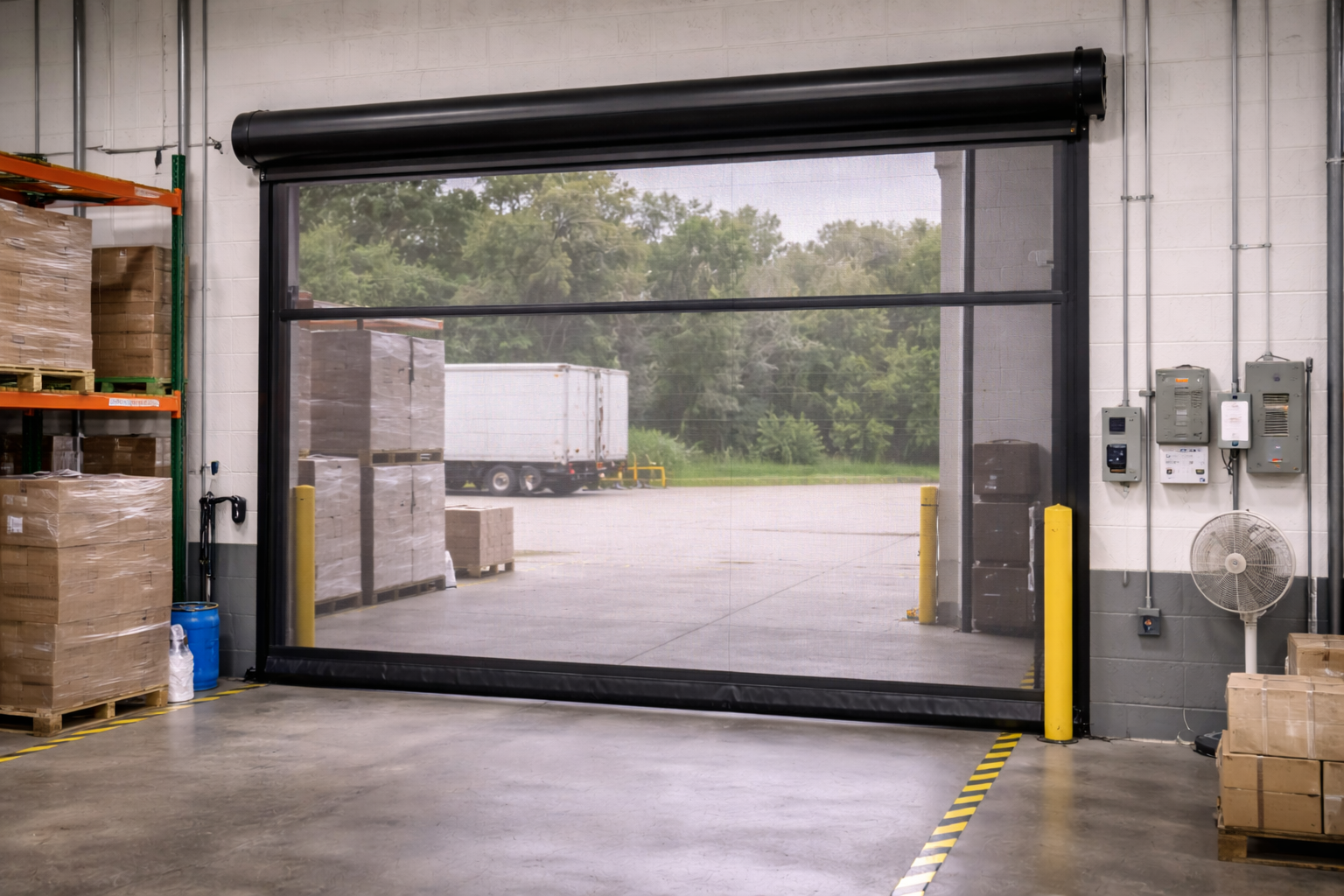 Industrial loading dock with a large black roll-up door open to a wet outdoor lot