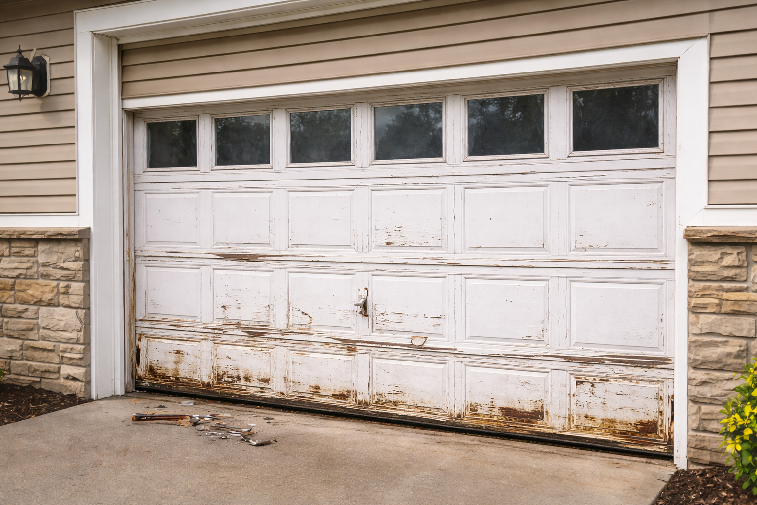 White garage door with peeling paint and rust stains on a house exterior